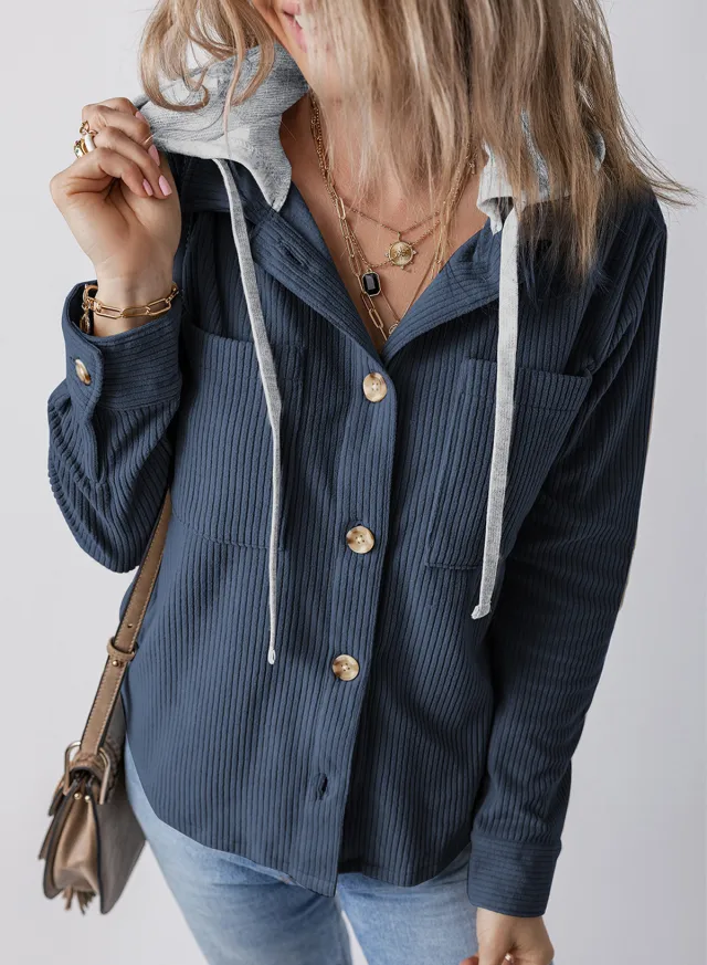 Lapel Buckle Cardigan Pouch Hooded Drawstring Striped Coat Blue - Shop at LoveMi