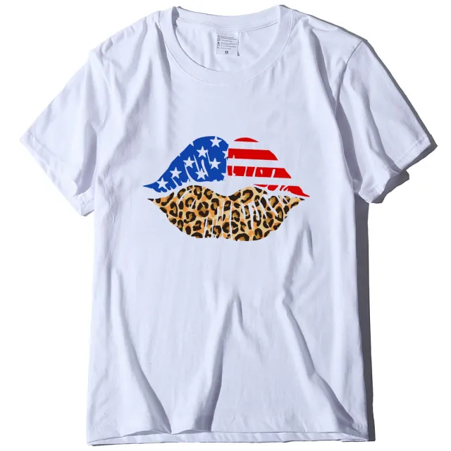 Independence Day Loose Plus Size Flag Printed Lips Women T shirt White - Shop at LoveMi
