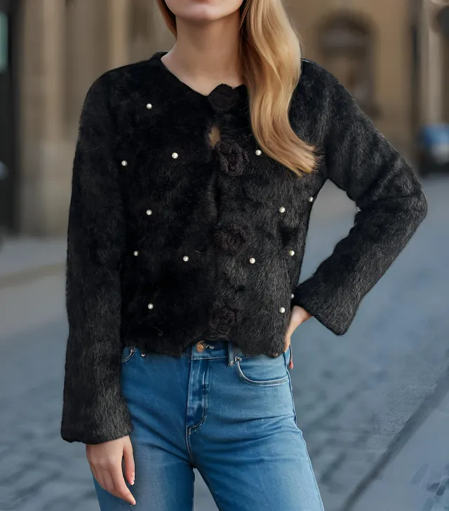 Beads Rhinestones Three dimensional Flower Button Sweater Black - Shop at LoveMi
