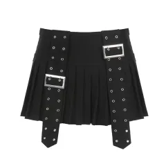 American Heavy Industry Design Pleated Skirt Japanese Buckle Stitching Low Waist A- Line Style - Black - View 1