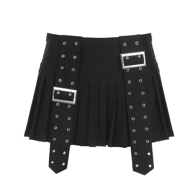 American Heavy Industry Design Pleated Skirt Japanese Buckle Stitching Low Waist A Line Style Black - Shop at LoveMi