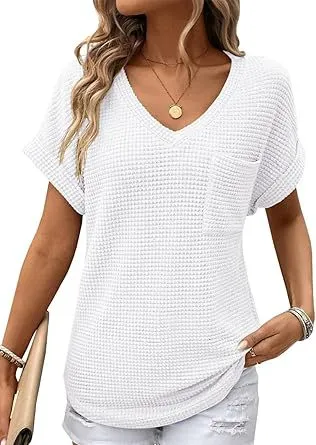 V neck Summer Short Sleeve Waffle Pocket Shirt White - Shop at LoveMi