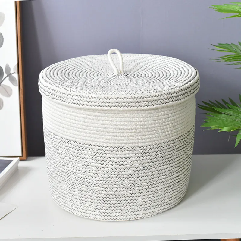 Clothes Weaved Storage Foldable Laundry Basket - White Black Line 405X 355Mm