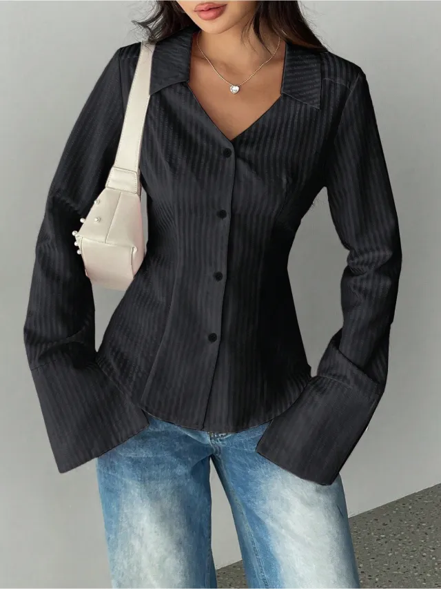 Women's Striped All matching Casual Bell Sleeve Polo Collar Top Black - Shop at LoveMi
