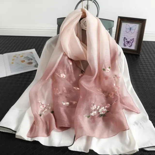 Women's Wool Silk Embroidery Gradient Scarf Sunscreen Shawl Beige And Coffee - Shop at LoveMi