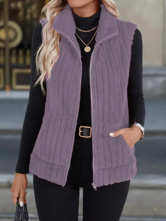 Women's Casual Versatile Lapel Zip Vest Top Purple - Shop at LoveMi