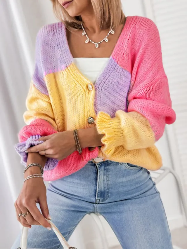 Women's Autumnwinter Sweater Color Block Stitching Casual Loose Knitted Cardigan Yellow - Shop at LoveMi