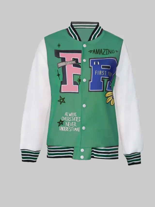 Casual Letter Print Ribbed Spliced Jacket Coat Green - Shop at LoveMi