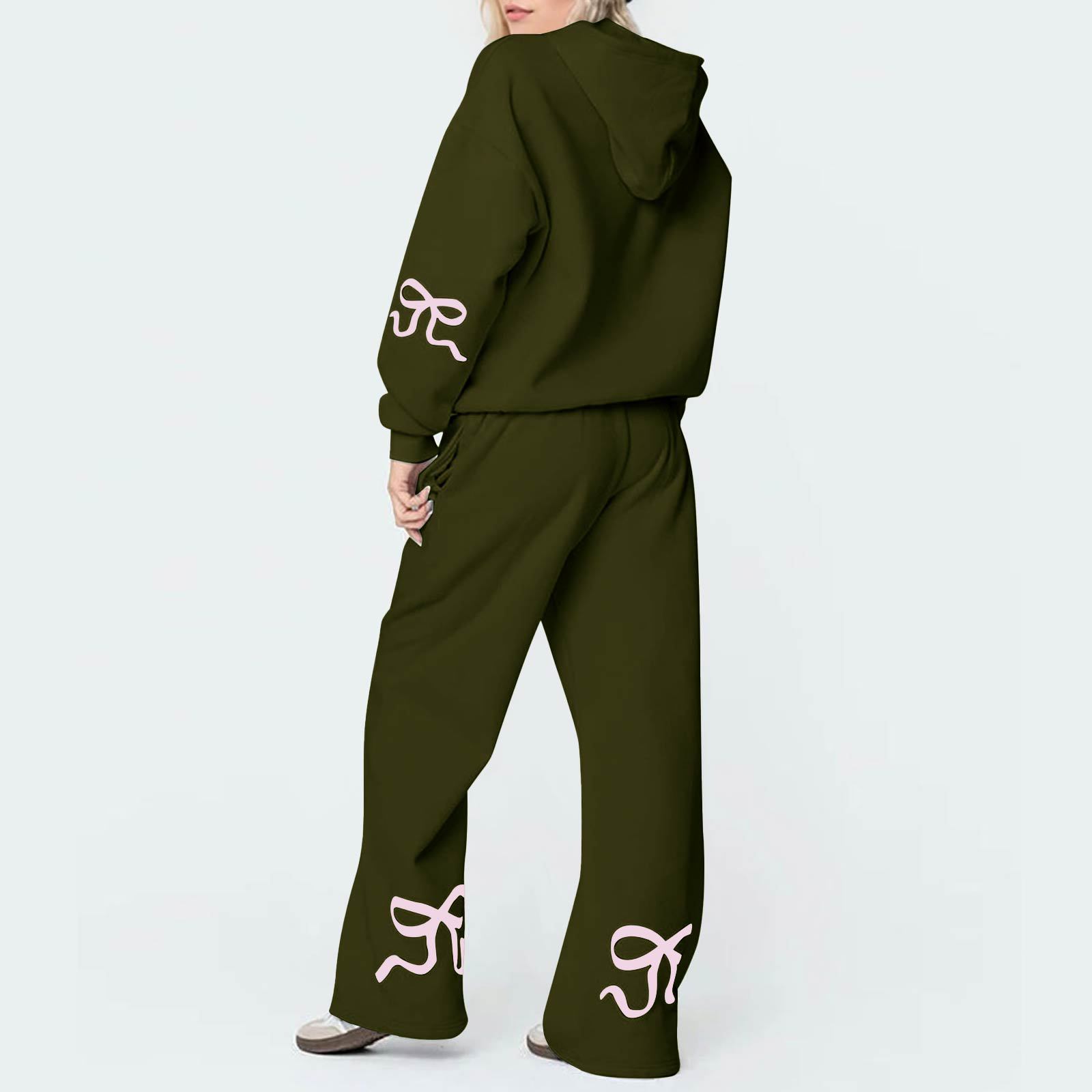 Outdoor Sports Loose Bowknot Printed Women's Casual Sweatshirt Sweatpants Suit Olive Green - Shop at LoveMi