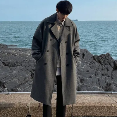 Winter Woolen Men's Mid-length Over-the-knee Suit Collar Double Breasted Woolen Trench Coat Thickened