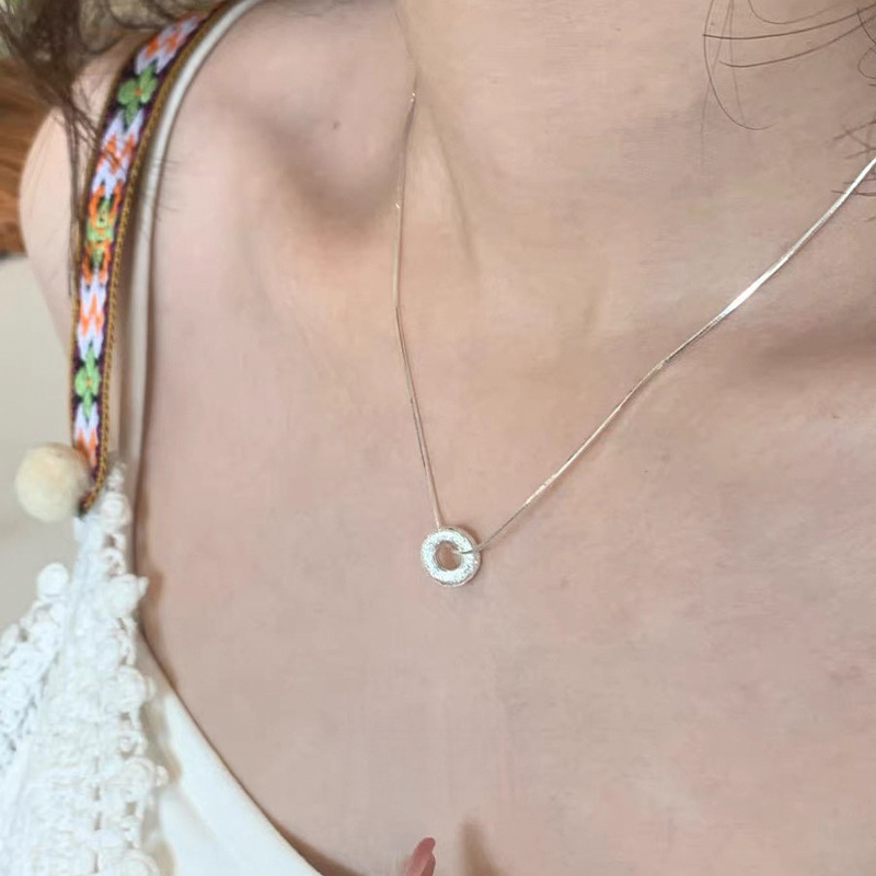 Simple S925 Sterling Silver Frosted Shiny Donut Necklace For Women