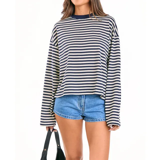 Color blocked Lazy Round neck Cotton Long sleeve Striped T shirt Navy Blue - Shop at LoveMi