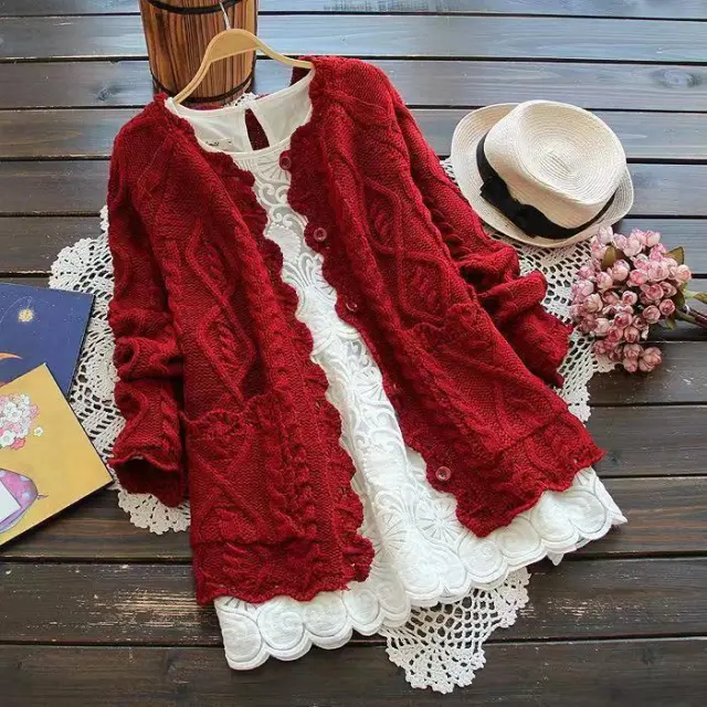 Fresh Mori Women's Hollow Linen Lace Buttons Knitted Red - Shop at LoveMi