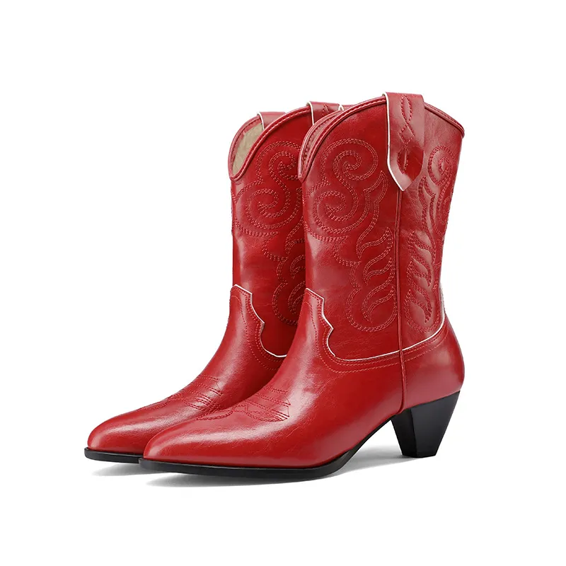 Fashion Embroidery High-heeled High Top Western Ankle Boots - Red