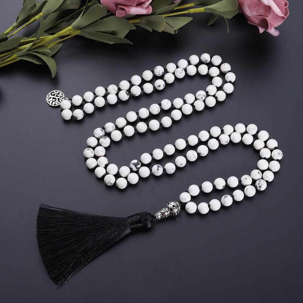 White Marble Mala Beads with Tassel