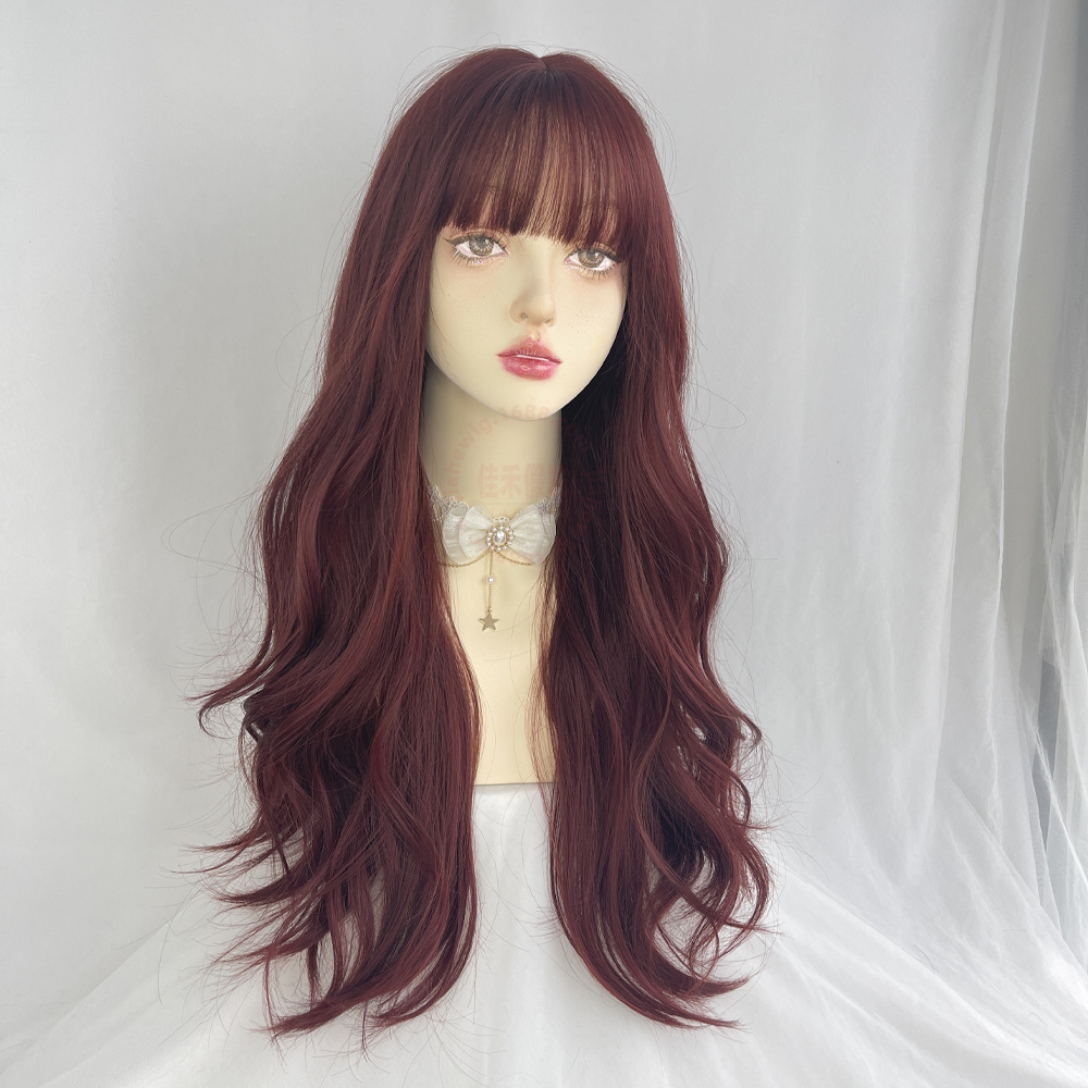 Waves Roll Korean Style Air Bangs Full head Wig Wine Red Color Long Curly Hair Fluffy Whole Wig Wine Red - Shop at LoveMi