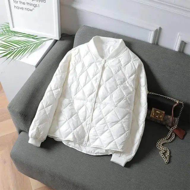 Small Lightweight Cotton padded Women's Short Light Feather Loose Baseball Jacket White - Shop at LoveMi