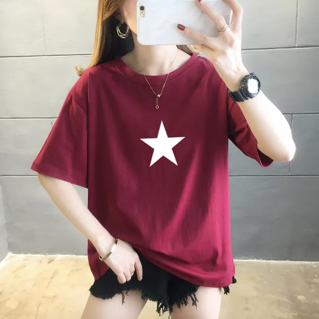 Summer New Pure Cotton Short Sleeve T shirt Women's Korean style Round Neck Printed Wear Top Purplish Red - Shop at LoveMi