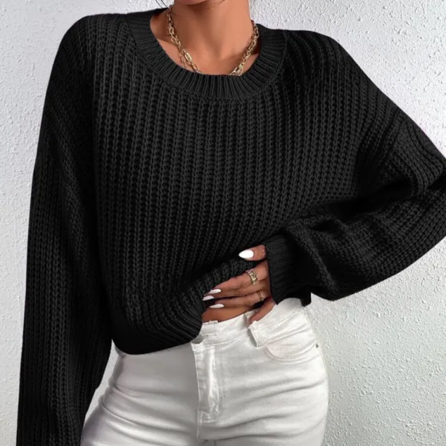 European And American Loose Short Pullover Round Neck Long Sleeves Sweater Black - Shop at LoveMi