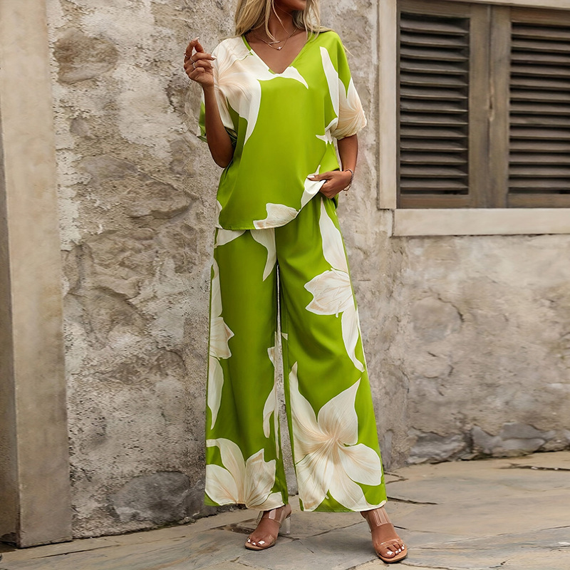 Printed V-neck Batwing-sleeve Top And Long Pants Two-piece Set - Image 1