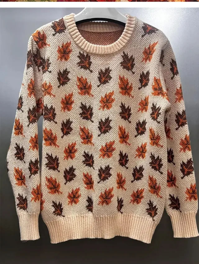 Maple Leaf Jacquard Long Sleeve Plus Size Loose Fashion Casual Sweater Khaki - Shop at LoveMi