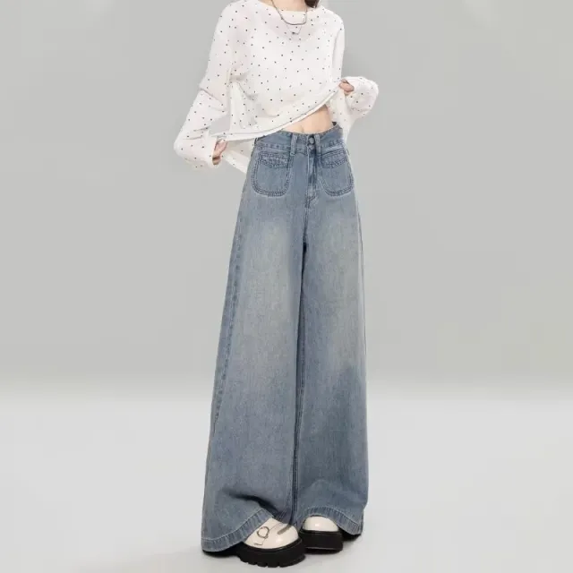 American Retro Light Blue Slimming And Wide Leg Jeans Light Blue - Shop at LoveMi