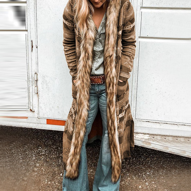 Winter Fur Collar Long Sleeve Printed Coat Khaki - Shop at LoveMi