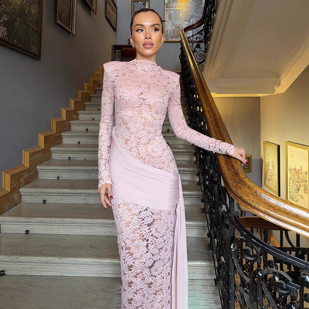 Womens Lace See-Through Long-Sleeve Dress With Ribbons