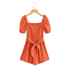 Women's Style Cotton Crepe Short Sleeve Belt Fashion Jumpsuit - Orange - View 1