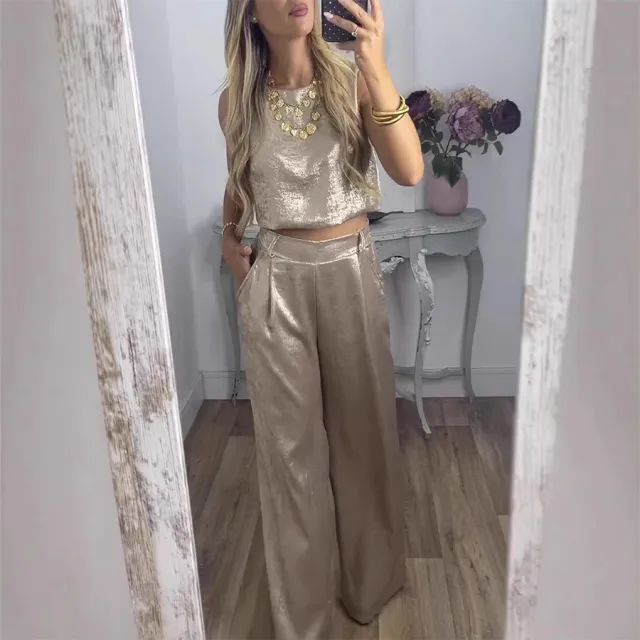 Women's Vest And High waisted Pants Casual Two piece Set Gold - Shop at LoveMi