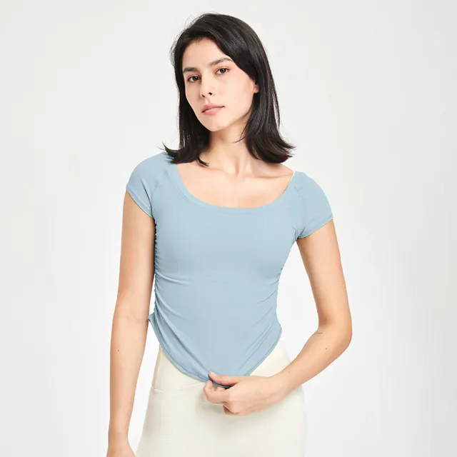Women's Workout Clothes Tight Quick Drying Clothes Short Sleeve Feeling Yoga Clothing Top Light Gray Blue - Shop at LoveMi