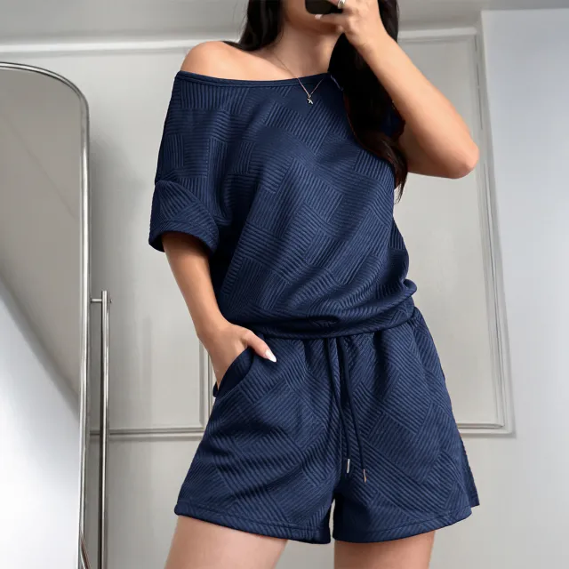 Y2g Sports Style Solid Color Short Sleeve Lace up Shorts Suit Women's Clothing Navy - Shop at LoveMi