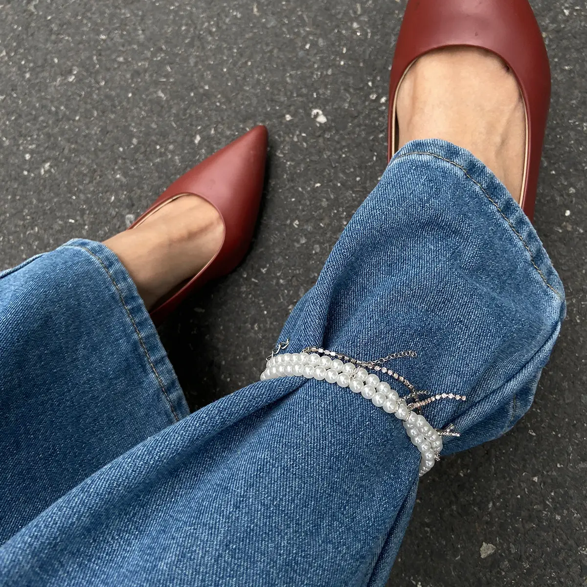 Diamond Cross Pendant Tassel Anklet Stringed Pearls Jeans Decoration