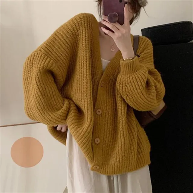 V neck Knitted Cardigan Women's Thick Needle Loose Sweater Turmeric - Shop at LoveMi