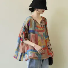 Plus Size Loose Artistic Short-sleeved Blouse Trendy V-neck Irregular Pattern Print Casual Thin T-shirt - Red Blue Geometric - View 1