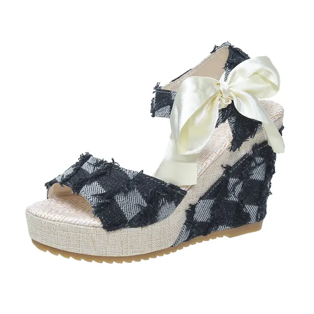 Fashion Wedge Peep Toe Bow Lace up High Heel Platform Sandals Black - Shop at LoveMi