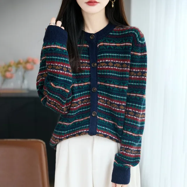 Womens Retro Jacquard Crew Neck Long Sleeve Sweater Navy - Shop at LoveMi