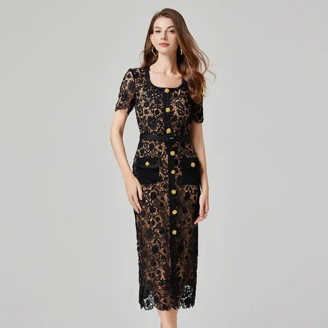 Heavy Industry Water Soluble Hollow Lace Sheath Dress Black - Shop at LoveMi