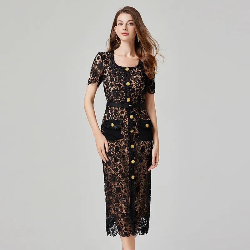 Heavy Industry Water Soluble Hollow Lace Sheath Dress - Black
