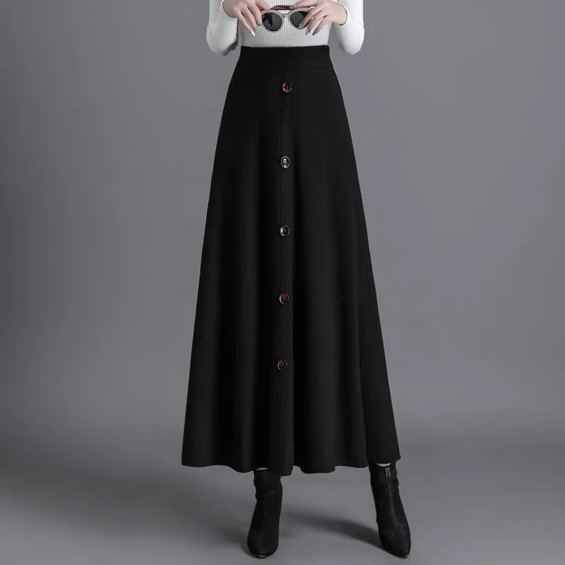 Knitted Pleated Thick Umbrella Skirt For Women - Black