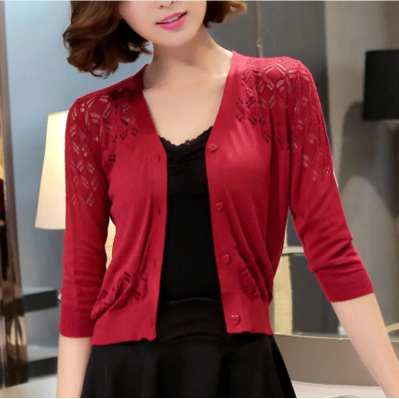 V-neck Short Outer Wear Cardigan Hollow-out Knitted Coat - Wine Red