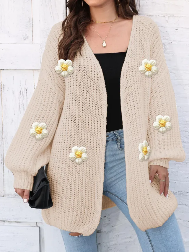 Women's Thick Coat Thick Needle Woven Sweater Apricot 6 Big Flowers - Shop at LoveMi