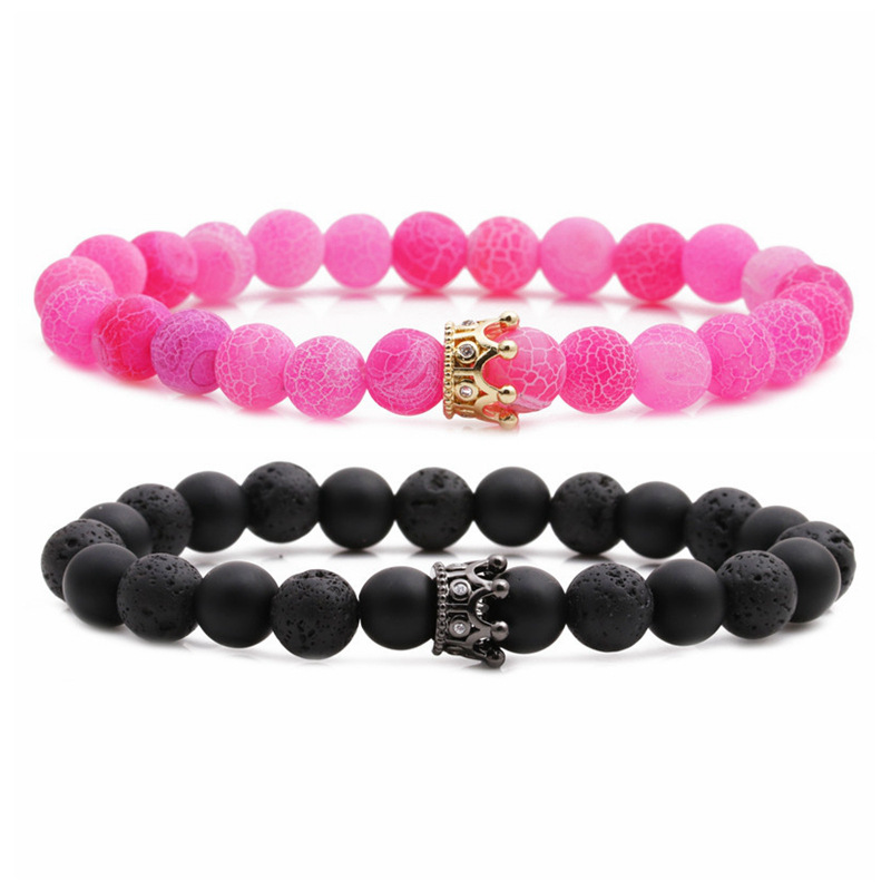 Matte Black Stone Weathered Granite Micro Inlaid Zircon Crown Couple Bracelet String Beads DIY Bracelet