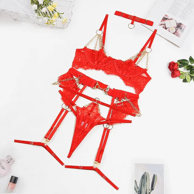 Lace Hollow Steel Ring Push Up Half Cup Lingerie Five piece Set Red - Shop at LoveMi