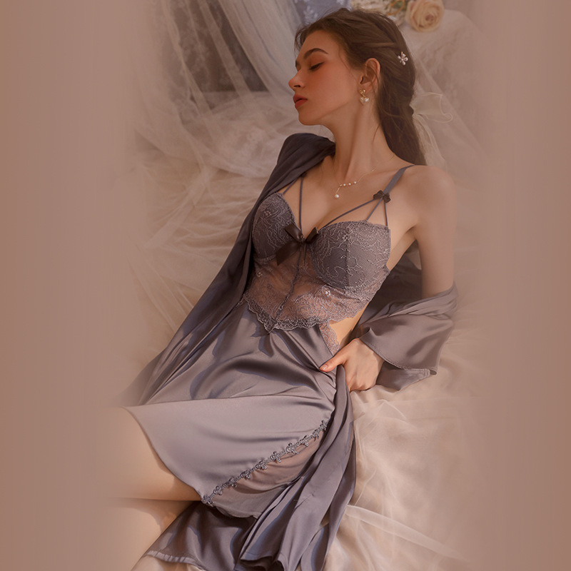 Summer Suspenders Nightdress Lace Pajamas Two piece Suit Gray - Shop at LoveMi