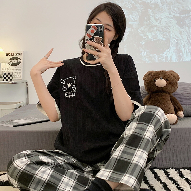 Summer Pajamas Women's Short sleeved Trousers Round Neck Cotton Homewear Cartoon Suit Yne3257 Style - Shop at LoveMi
