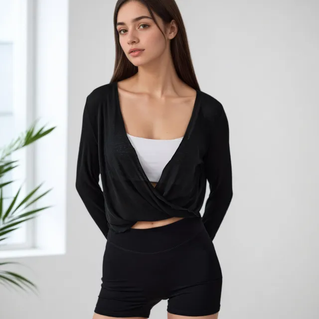 V neck Cross Kinky Yoga Clothes Blouse Breathable Outer Long sleeves Black - Shop at LoveMi