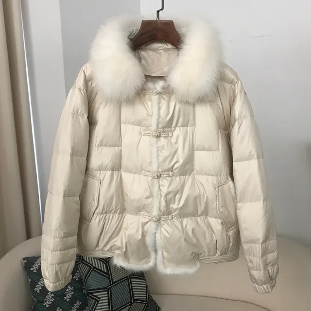 Down Jacket Short Loose Fashion Retro Patchwork Coat Beige - Shop at LoveMi