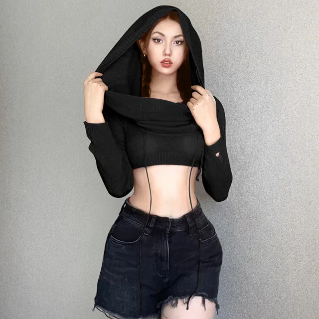 Solid Color Long sleeved Top Winter New Cropped Pullover Simple Hooded Knitted Sweater Black - Shop at LoveMi