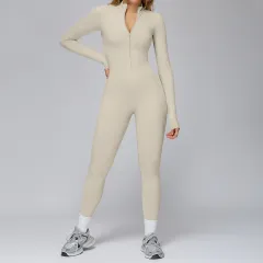 One-piece Close-fitting Fleece Yoga Bodysuit - Light Grey Apricot - View 1